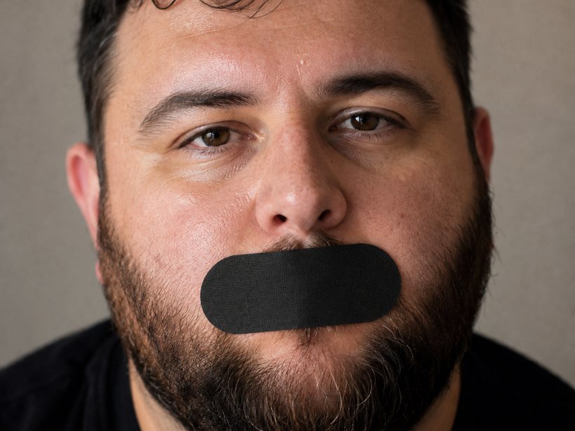 Man wearing an ordinary black mouth tape rectangle