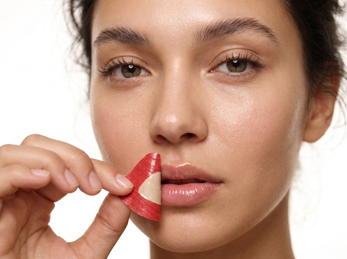 Woman gently peeling Hydrogel Mouth Tape off her lips