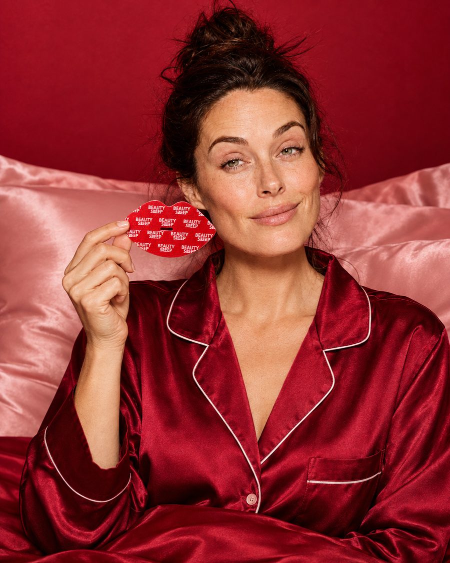 Holding a Collagen strip at bedtime