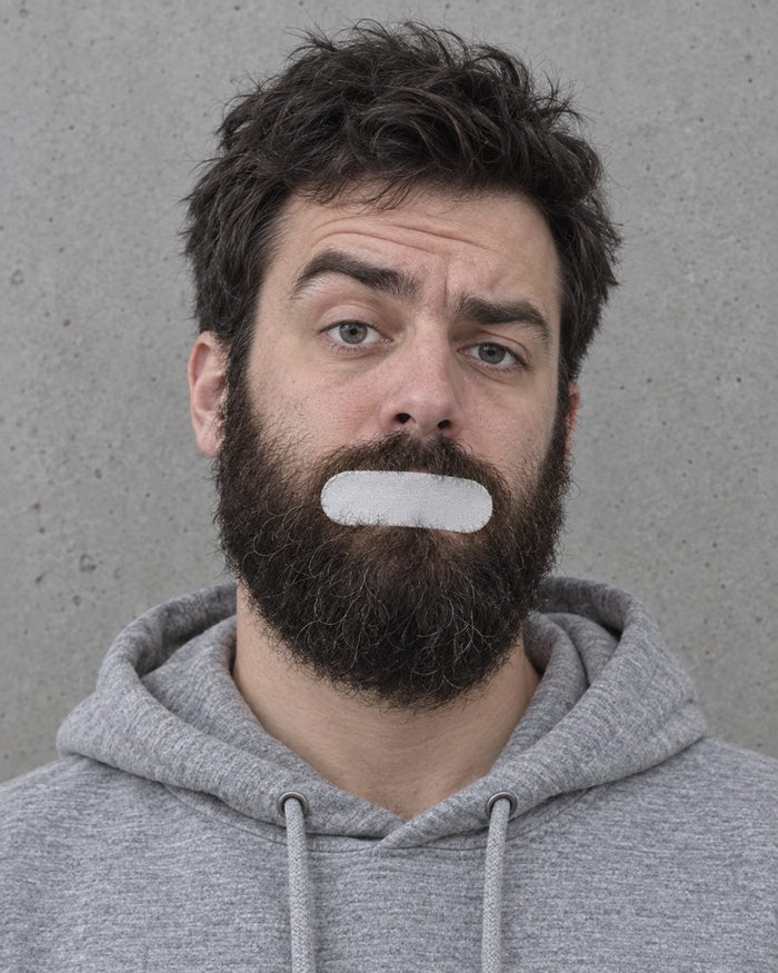 A bearded man wearing a plain white mouth tape strip