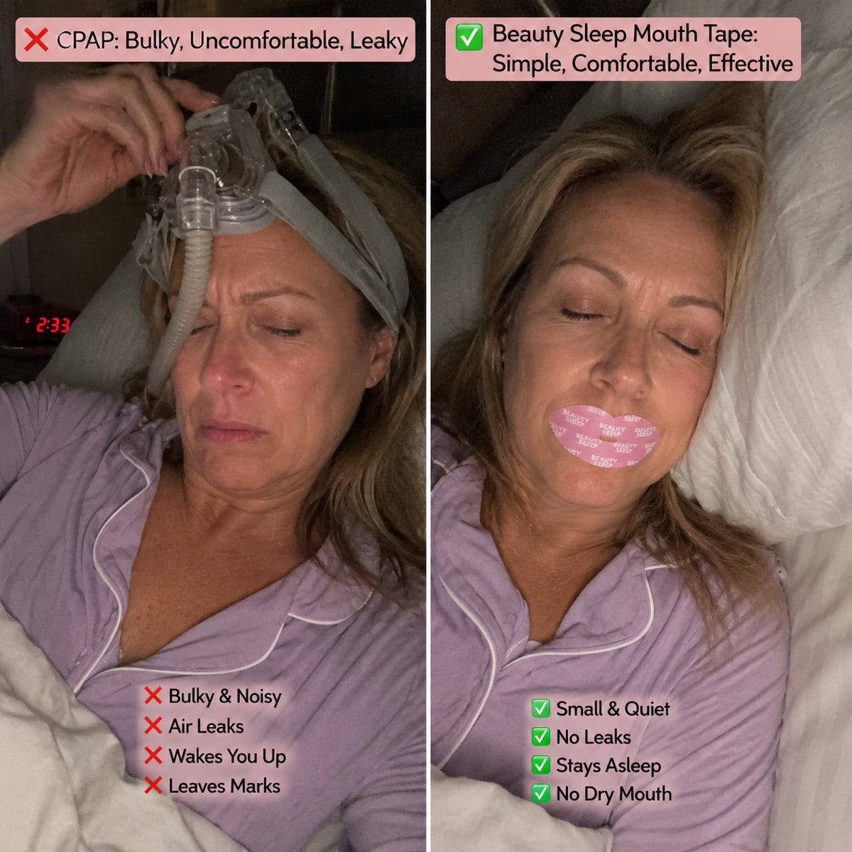 Before and after: loud snoring, then silent with Beauty Sleep mouth tape