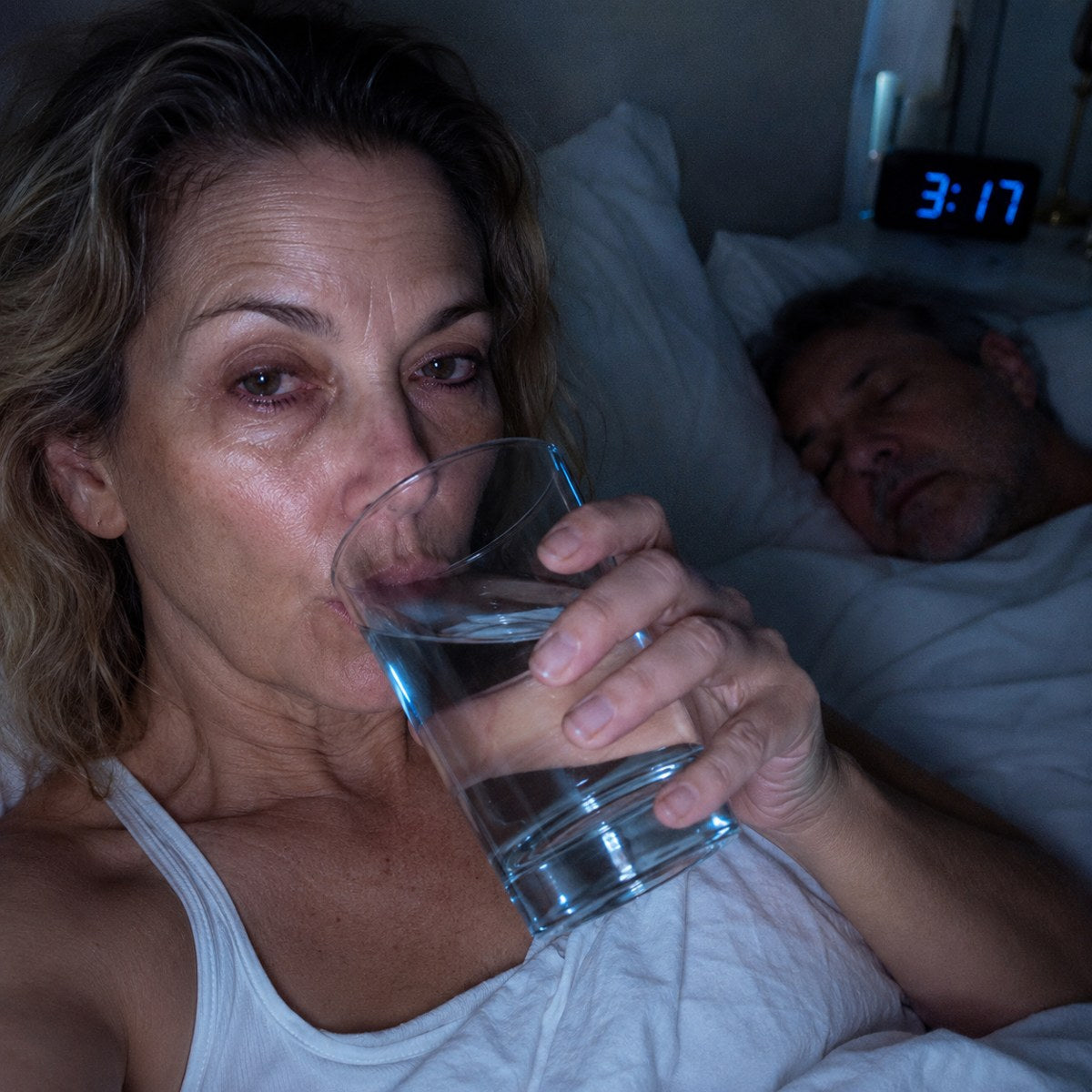 Awake at 3am with a dry mouth, reaching for water while her partner sleeps