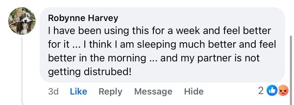 Facebook comment: sleeping much better and feel better in the morning