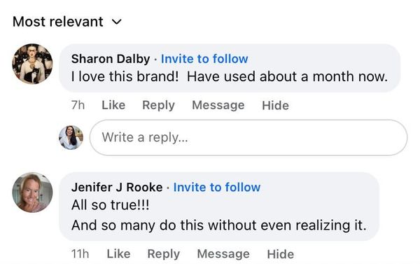 Facebook comment: I love this brand! Have used about a month now.