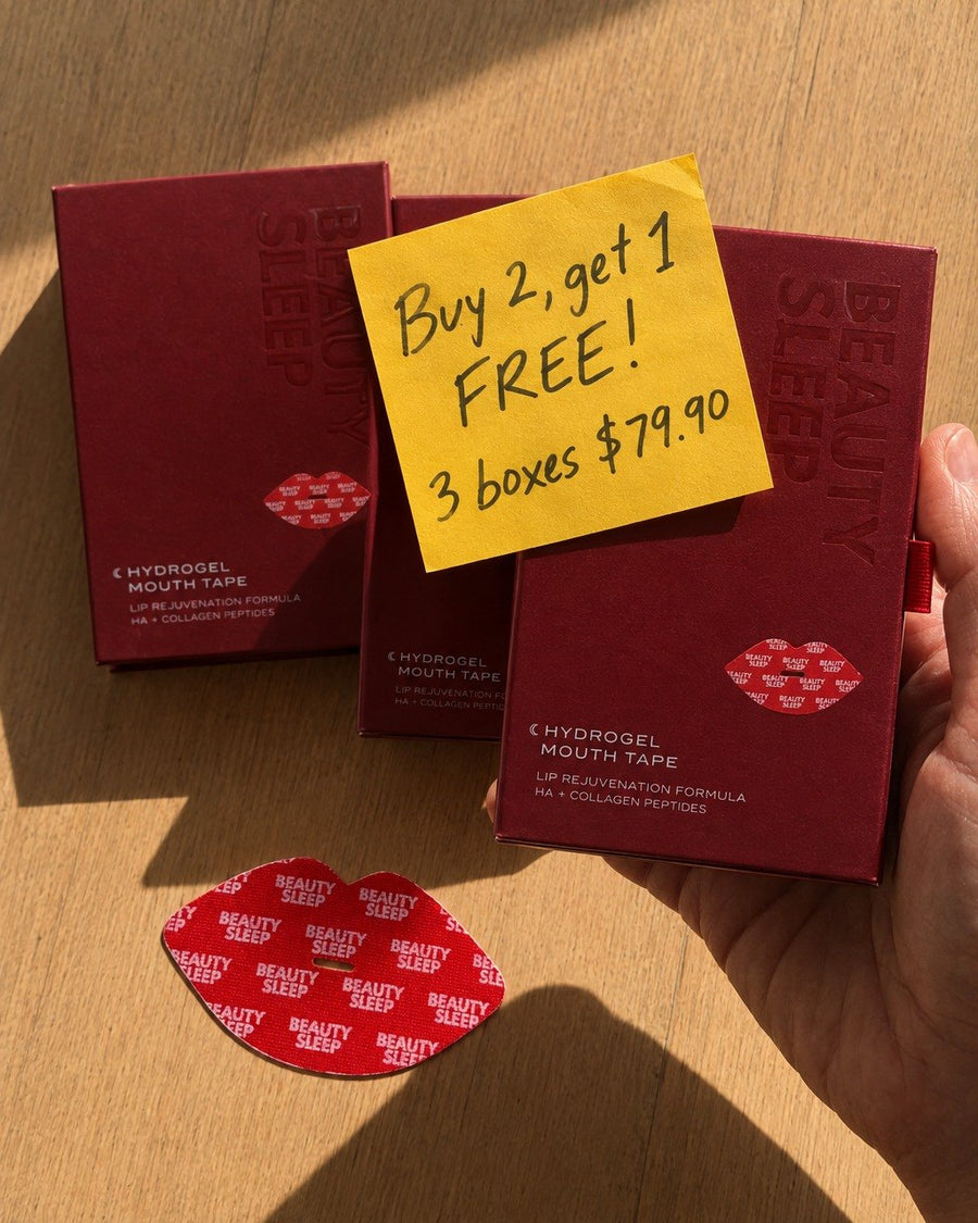 Three boxes of Beauty Sleep Collagen Mouth Tape with a sticky note: Buy 2, get 1 free