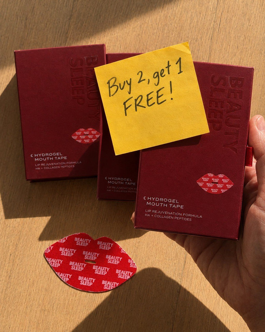 Three boxes of Beauty Sleep Collagen Mouth Tape with a sticky note: Buy 2, get 1 free