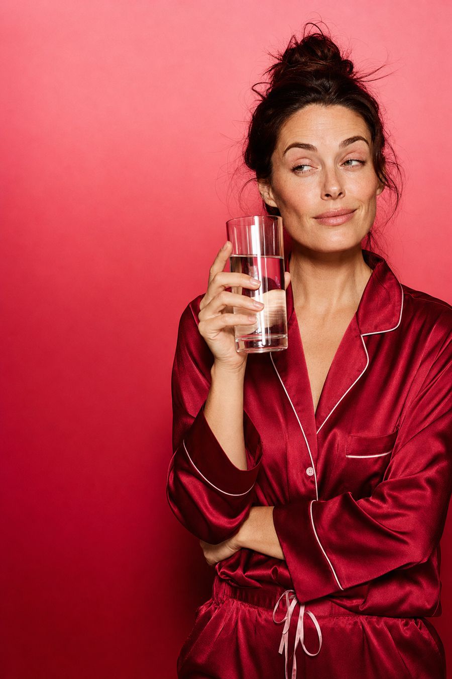 Woman in red satin pyjamas holding a glass of water