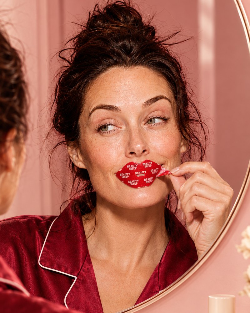 Peeling off the Collagen strip in the bathroom mirror