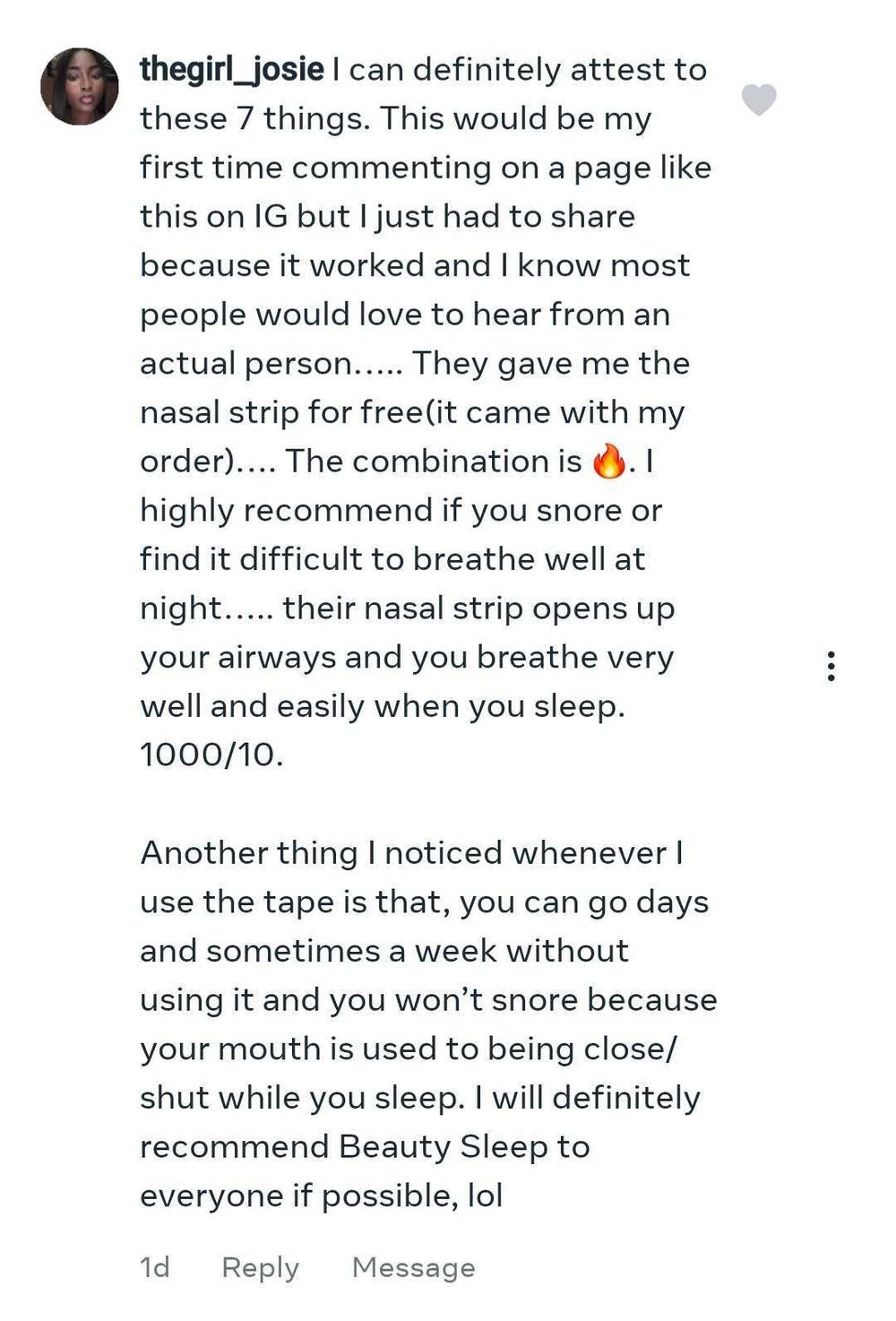 Beauty Sleep customer review about snoring