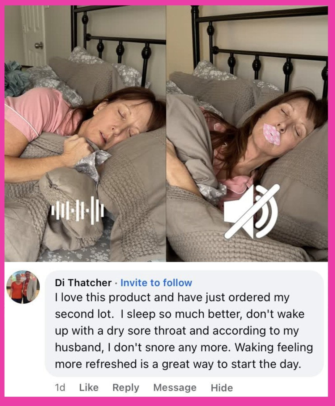 Before and after: snoring, then quiet with the Beauty Sleep strip — verified customer
