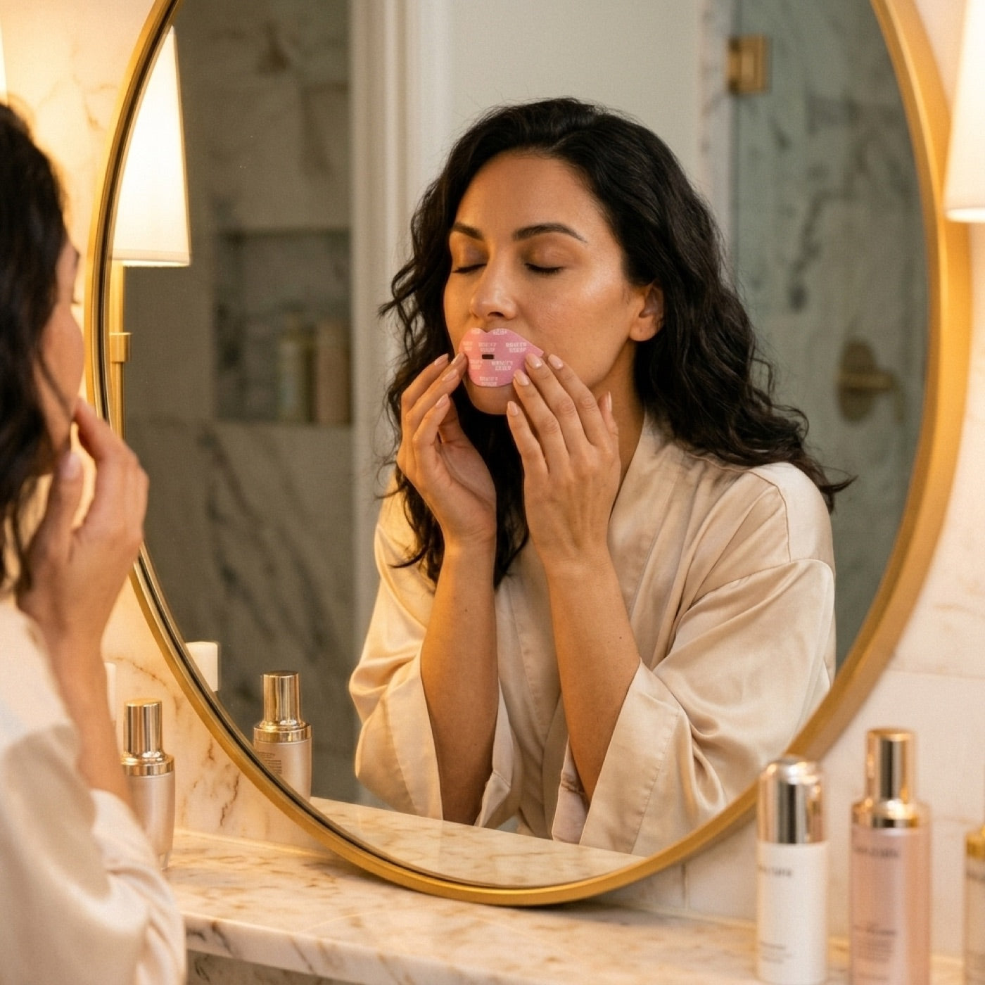 Woman applying pink Beauty Sleep mouth tape at her skincare vanity