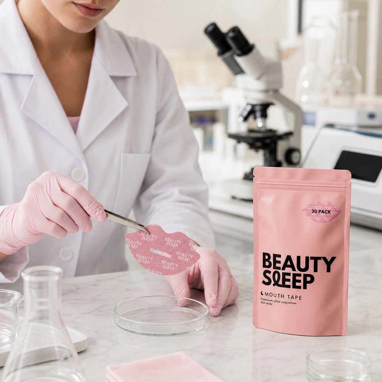 Laboratory technician inspecting a Beauty Sleep mouth tape strip