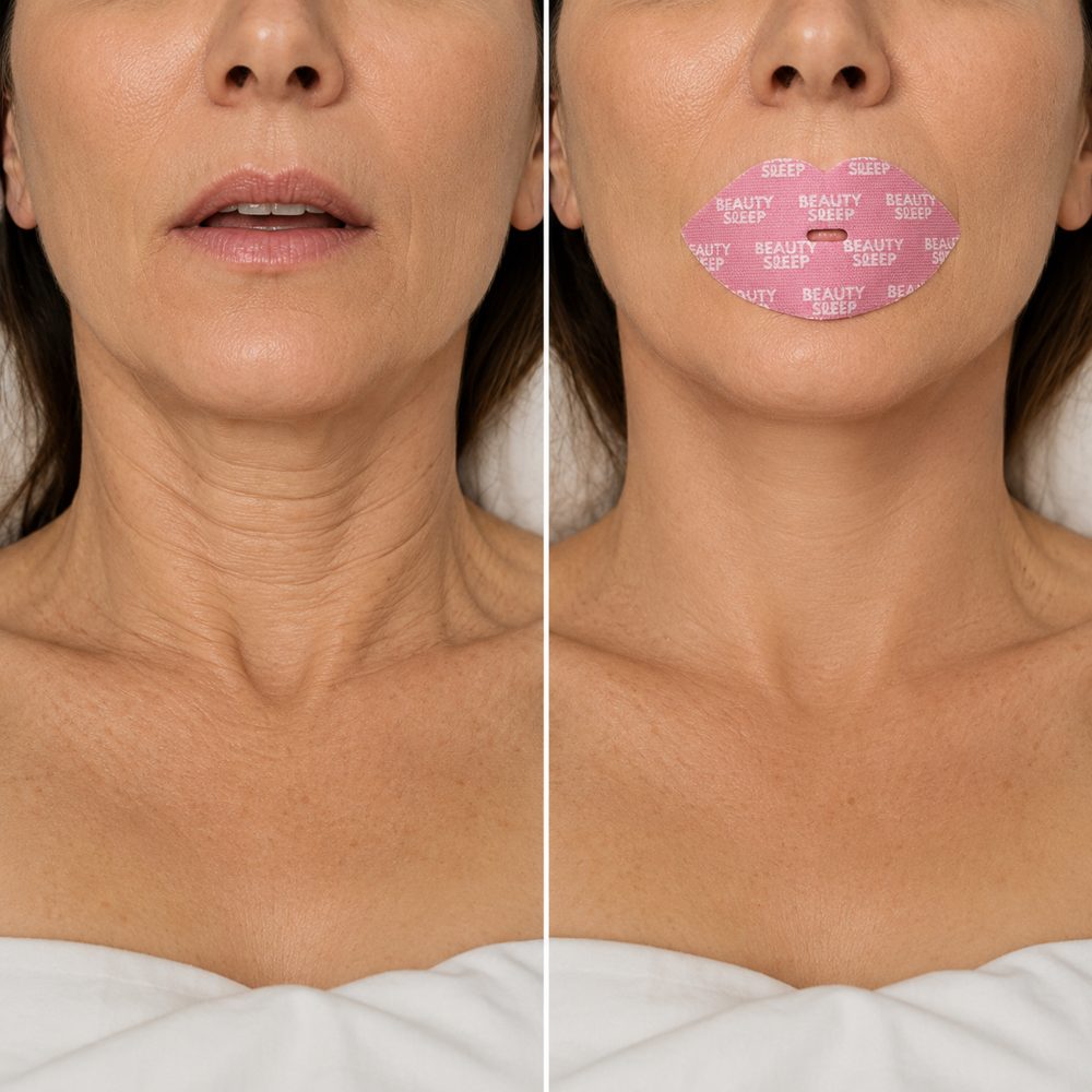 Before and after comparison of open-mouth sleep and Beauty Sleep mouth tape