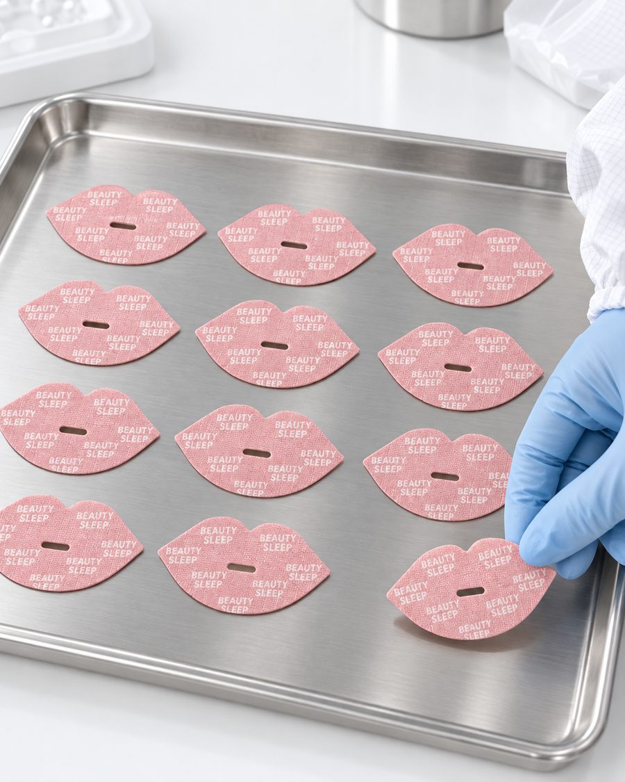 Gloved hands lining up pink mouth tape strips on a steel tray in a cleanroom