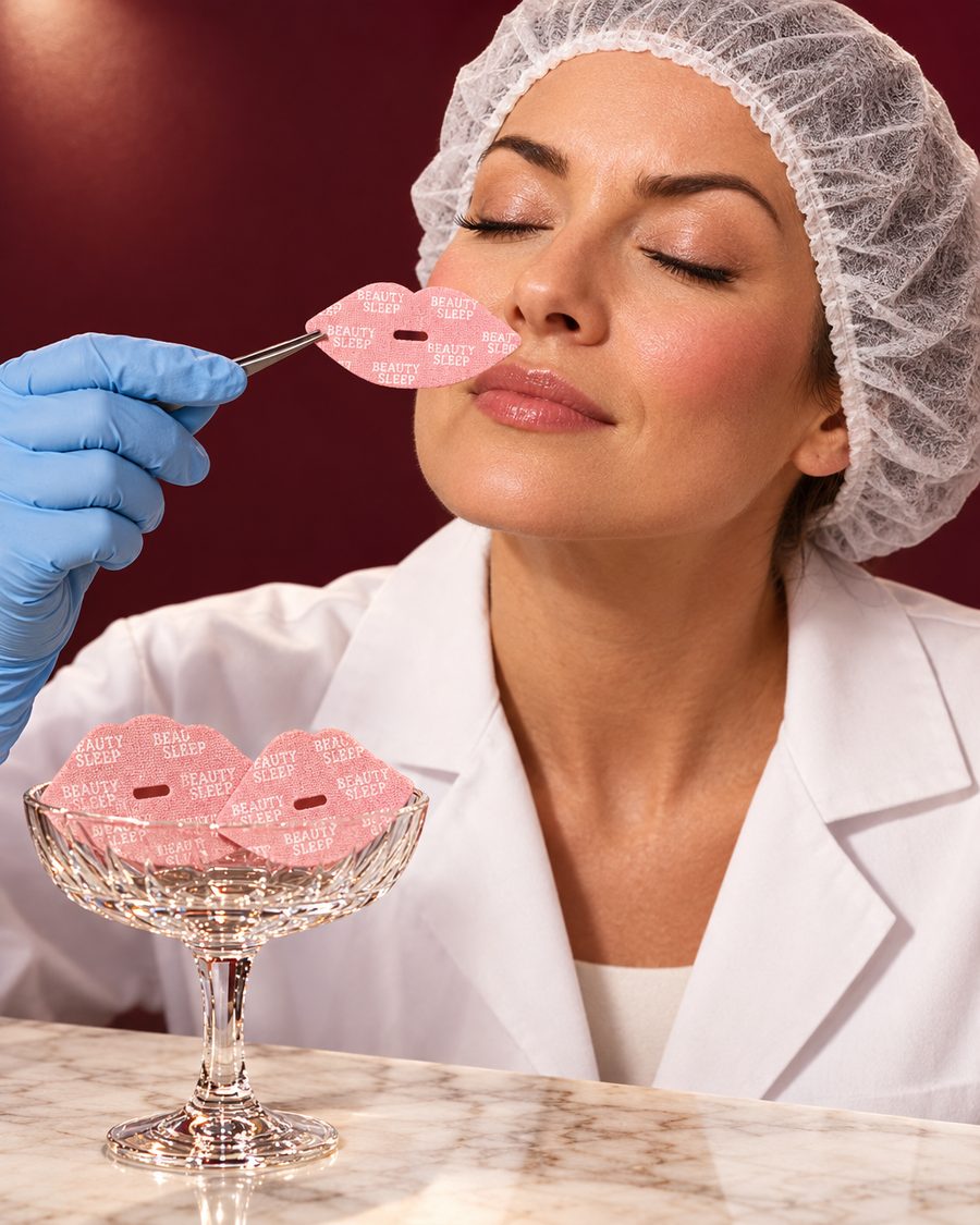 A lab technician sniffing a mouth tape strip like a wine taster