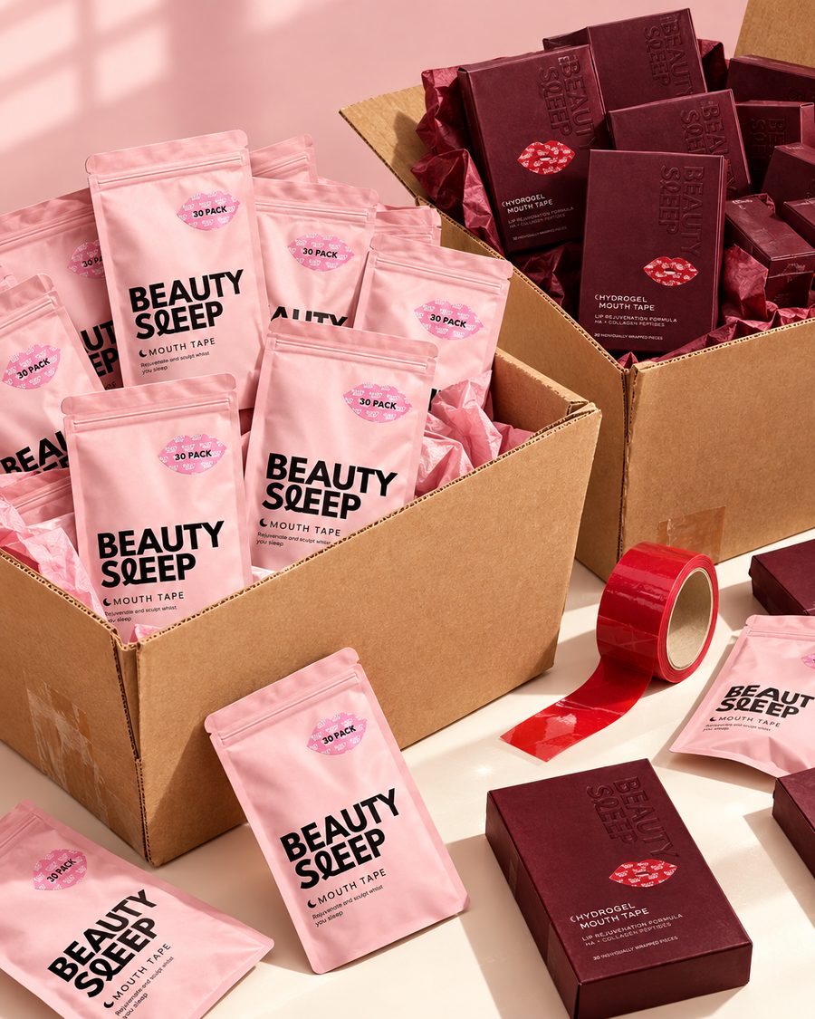 Shipping cartons full of Beauty Sleep mouth tape pouches and boxes
